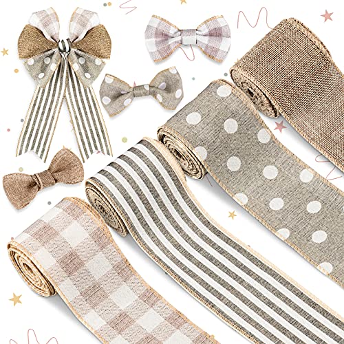 Whaline Farmhouse Wired Edge Ribbon 4 Rolls White Polka Dots Buffalo Plaid Stripe Ribbons Rustic Farmhouse Craft Ribbons for Spring Summer Wedding Wreaths Assorted DIY Gift Wrapping 2.5In x 20 Yard