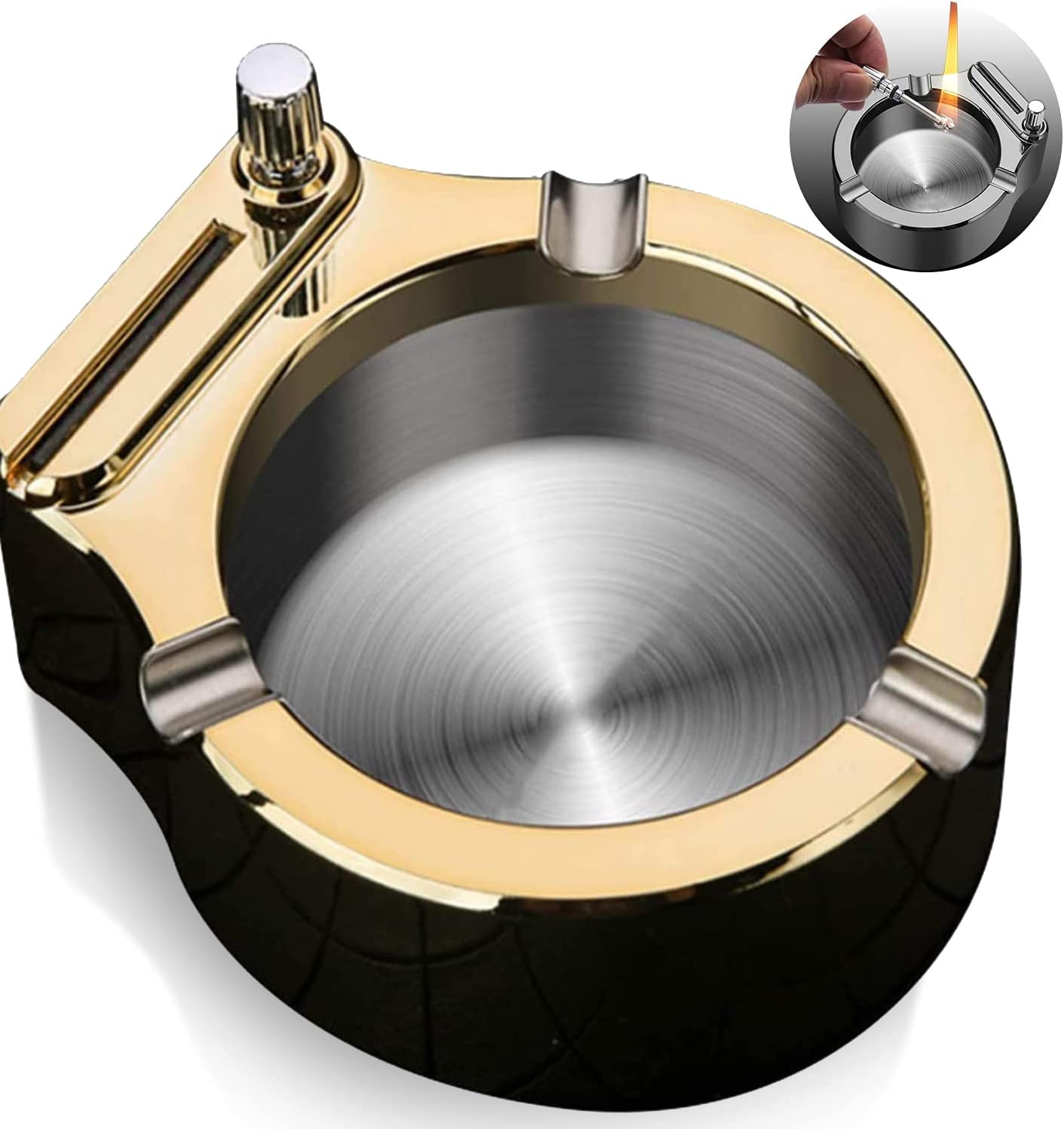 Jaffiust Ashtray,Retro Metal Ashtray,Stainless +ABS Steel Ashtray with Permanent Match Lighter,Multifunctional Ashtray,Men's Collection Ashtray Gift Simple Fashion Ashtray(Gold)