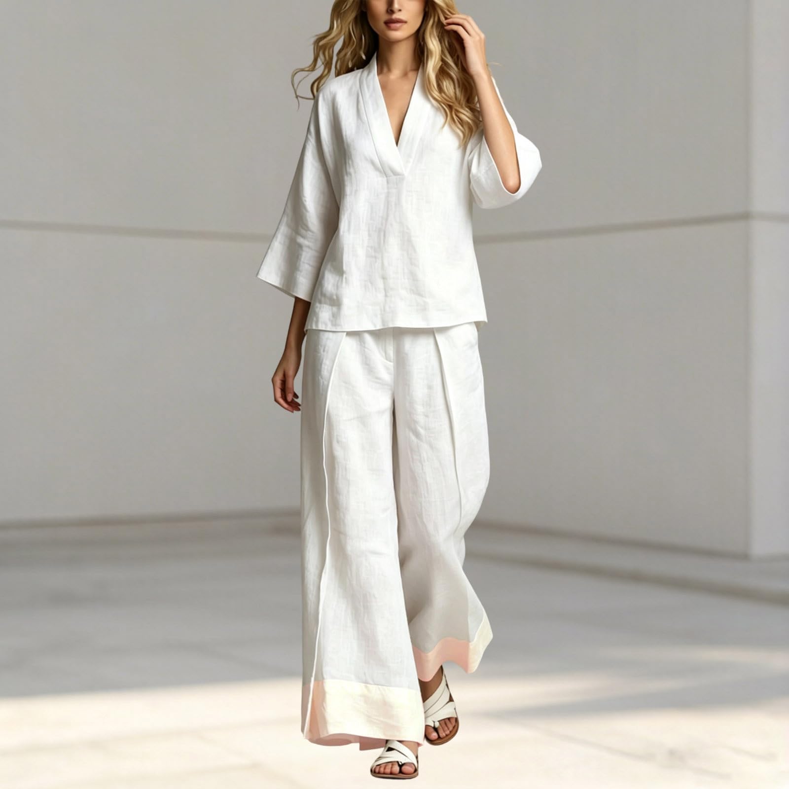 Generisch Damen Sommeroutfit mit französischem Kragen Bluse weiter Hose – leichtes atmungsaktives Set für Reise Büro Freizeit Alltag Date Shopping (White, XXXL)