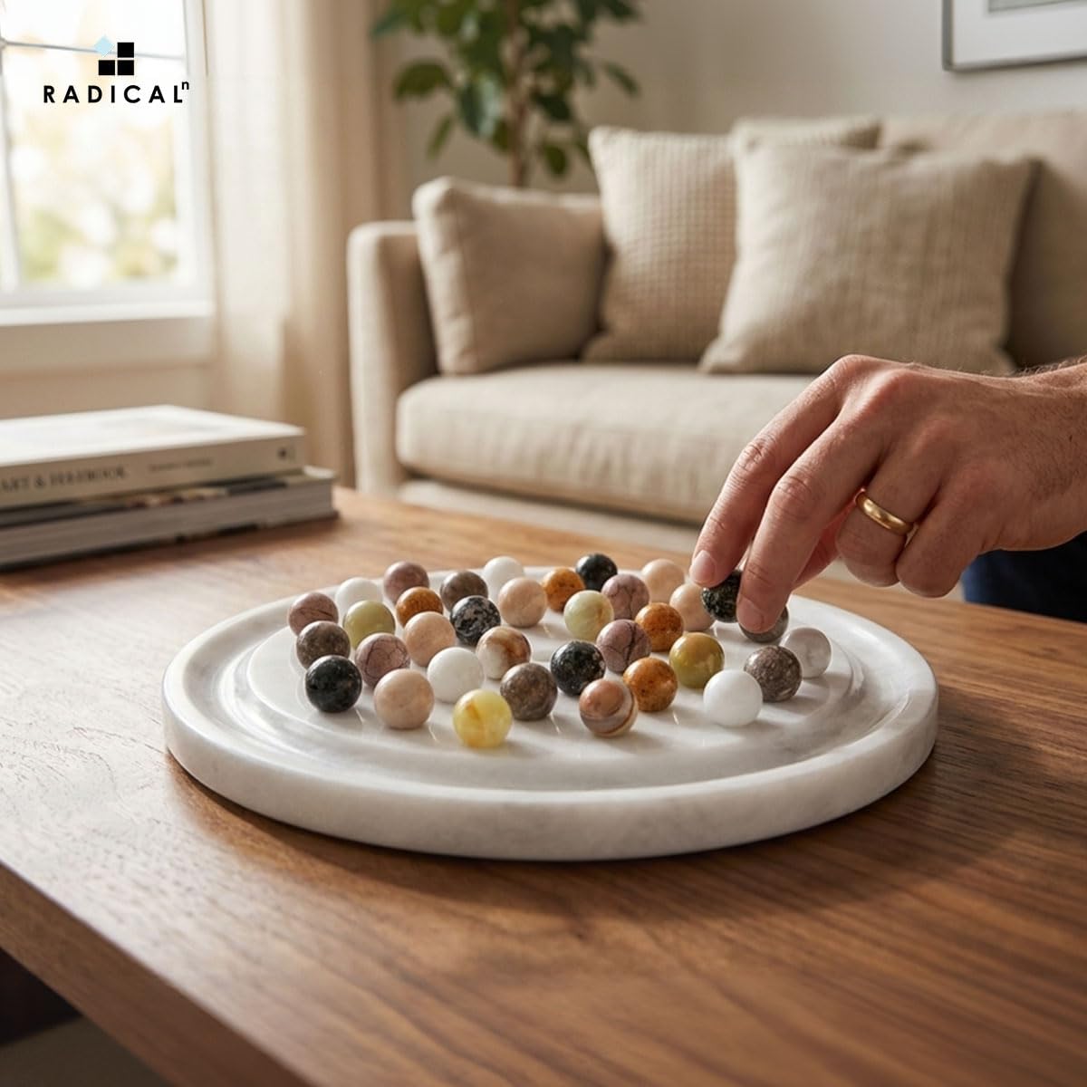 Marble Solitaire Game 10" Inch White Handmade Peg Solitaire Board Game with Marbles, Classic Marble Puzzle Game for Adults, Modern Tabletop Brain Teaser