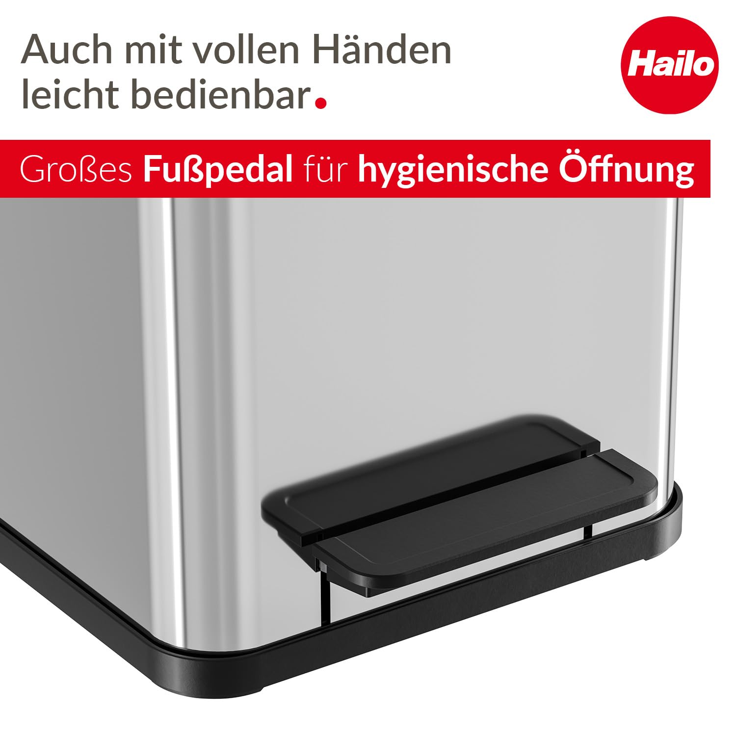 Hailo Öko uno Plus M Tret-Mülleimer - freistehender 17 Liter Abfallsammler aus Edelstahl für die Küche - Küchenabfalleimer mit soft close Deckel - Müllbehälter mit Fußpedal | Uno Plus M, Volumen 17 l, Edelstahl