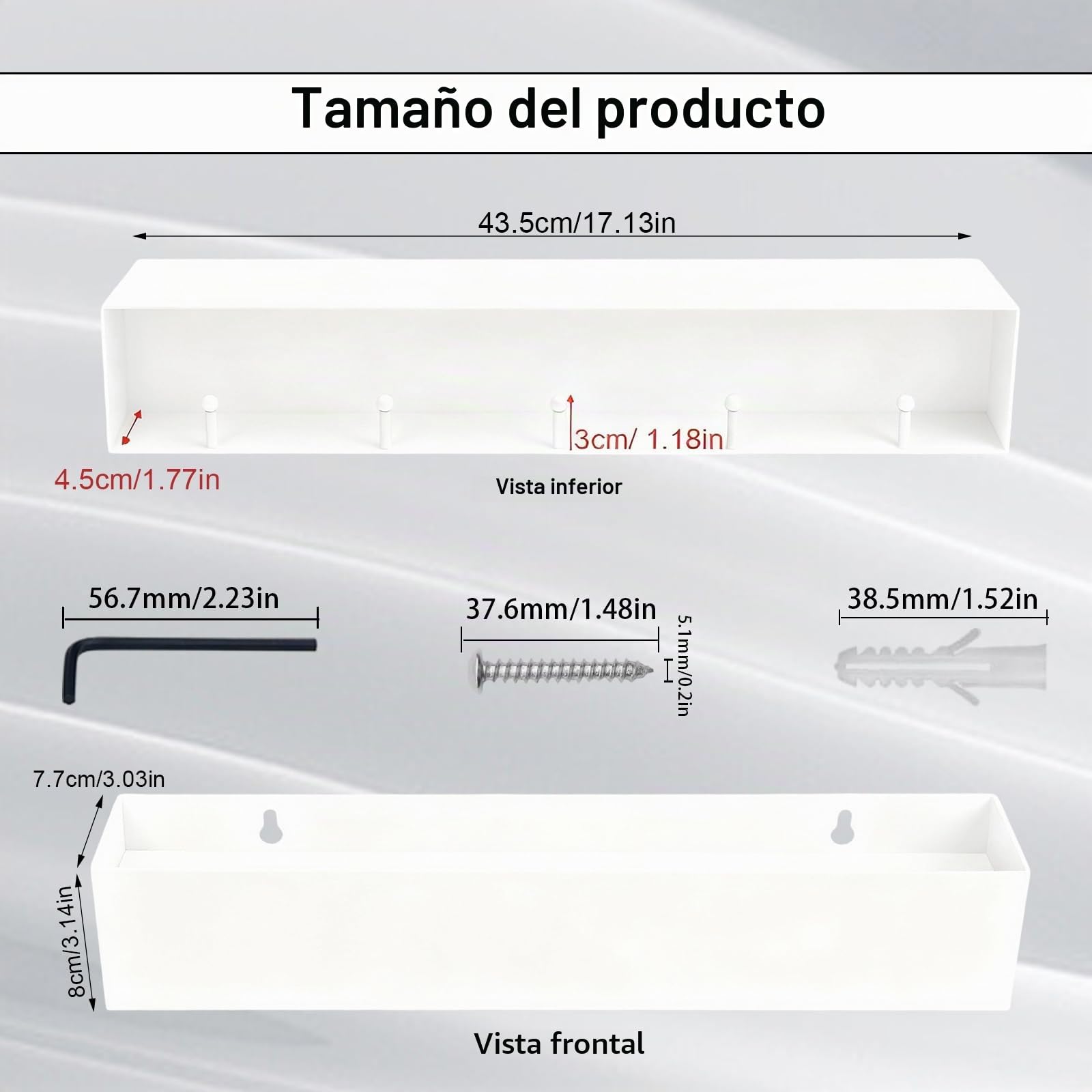Perchero de Pared con Estante, 43,5 cm, Moderno Colgador de Pared Para Abrigos con 5 Ganchos Ocultos, Perchero Pared Blanco para Entrada, Salón y Dormitorio