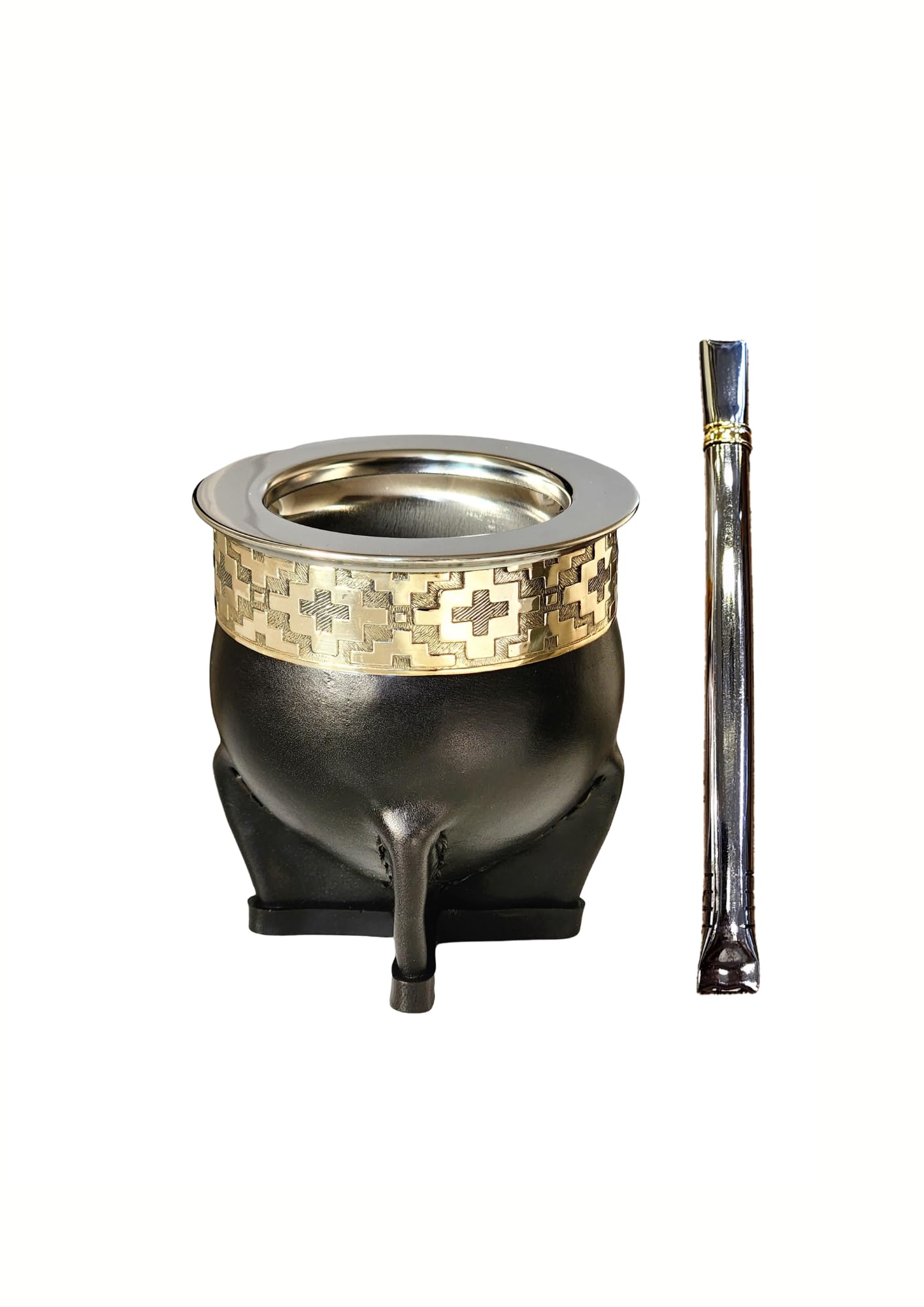 Taza Mate Imperial Argentino Premium - Hecho de Acero Inoxidable Térmico - Exterior Cuero Negro con Plata Alemana - Calabaza Yerba Mate Moderna - Incluye Bombilla de Regalo.