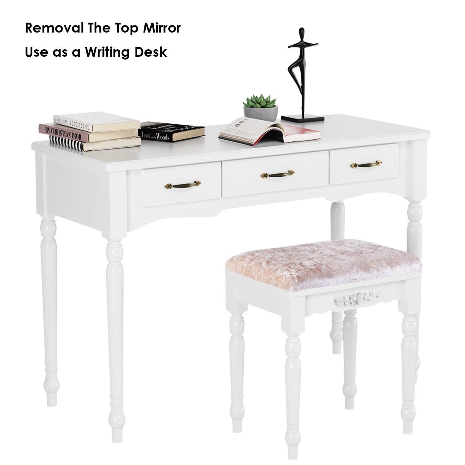 HOMECHO Makeup Vanity Table Set with Cushioned Stool TriFolding Mirror
