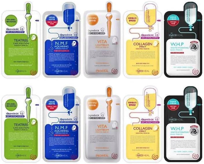 Mediheal Grehge heet Mask Bundle N.M.F Aquaring Ampoule + Collagen Impact + Teatree Care + E.G.T Timetox Ampoule EX + W.H.P White Hydrating Black EX, 2pcs Each, 5 Different Masks, Totally 10 Sheets