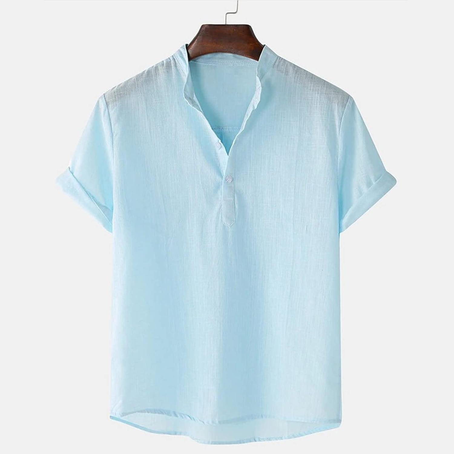 Miniatura 2 de Camisa Oxford de lino para hombre con cuello extendido sólido de manga corta de lino de algodón camisas casuales de playa de verano
