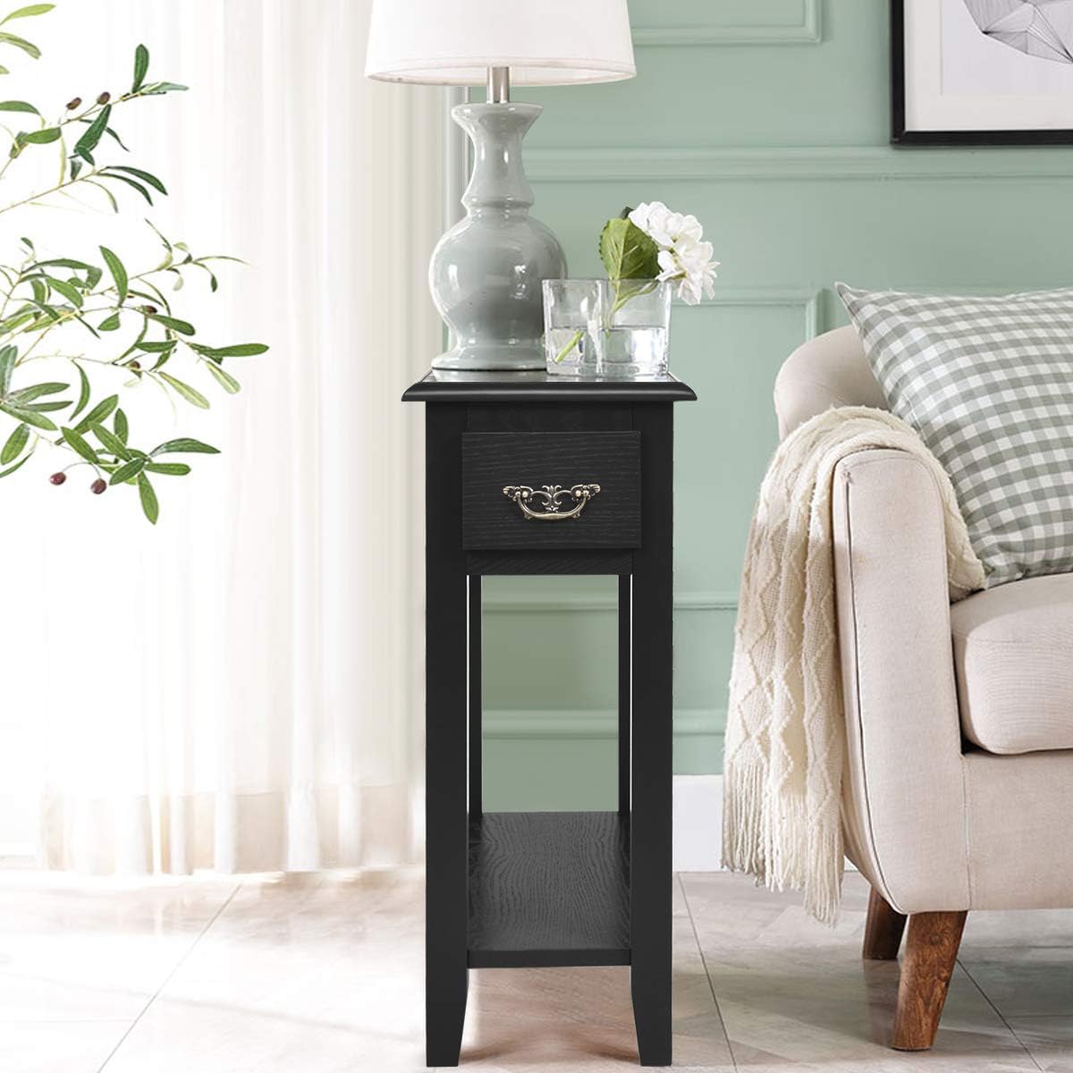 Tangkula Narrow End Table, Wood Small Side Table with Drawer & Open Shelf, Slim Nightstand for Small Spaces, Skinny Bedside Table for Living Room Bedroom, 9.8 x 23.6 x 23.6 Inches