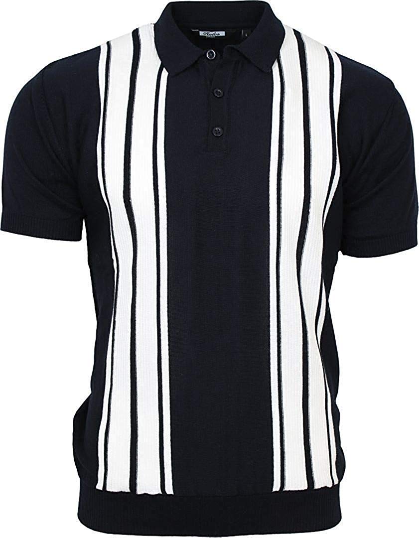 Relco Mens Striped Fine Gauge Knit Mod Polo Shirt Navy/Ecru L