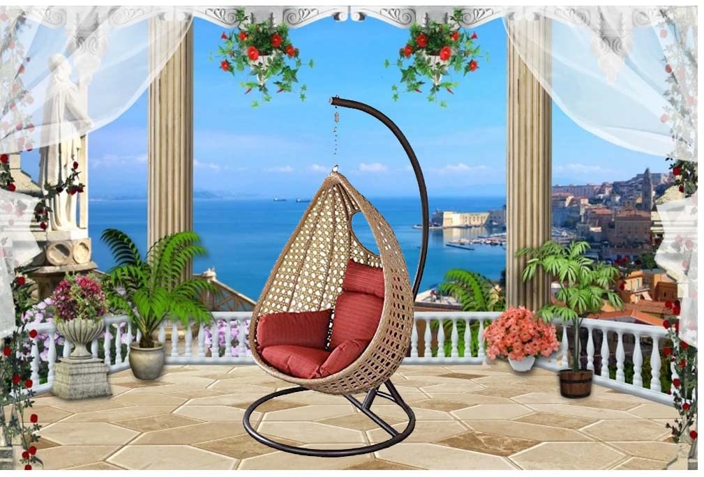 Rattan Knots Craft India Single Seater Swing Chair With Stand & Cushion Outdoor Indoor Balcony Garden Patio,Powder Coated Frame,UV Protected Wicker,Premium Cushion AF_In_034,(61 X 91 X 122Cm)