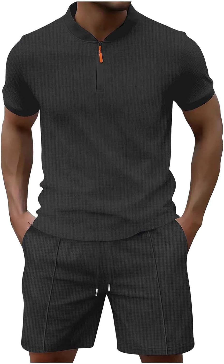 Cambkatl Waffle 2 Piece Outfits for Men Loose Shorts Set Short Sleeve Half Zip Shirt Beach Casual Matching Sets with Pockets