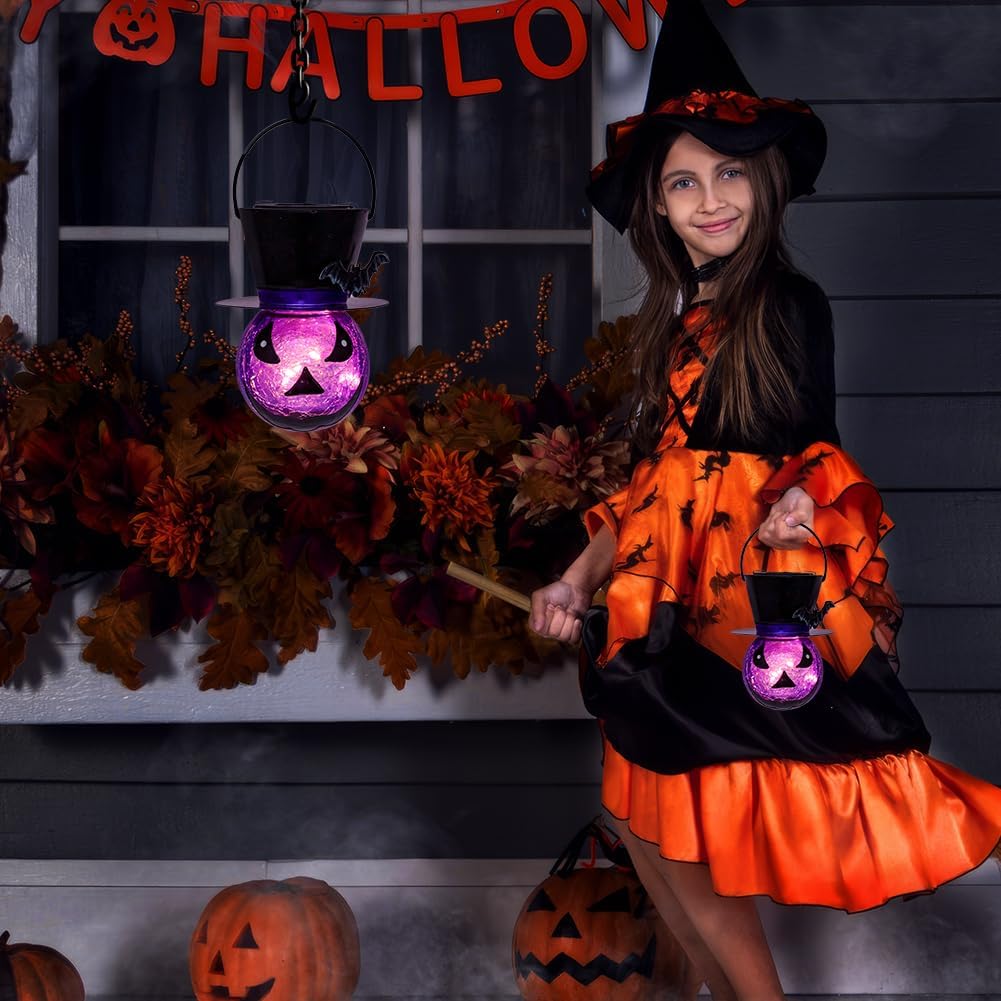 STARSOUL Halloween Solar Lanterns Purple Ghost and Bat, Hanging Solar Halloween Decorations, Halloween Solar Lights for Outdoor Garden Patio, Gifts for Women Grandma (with Shepherd Hook)
