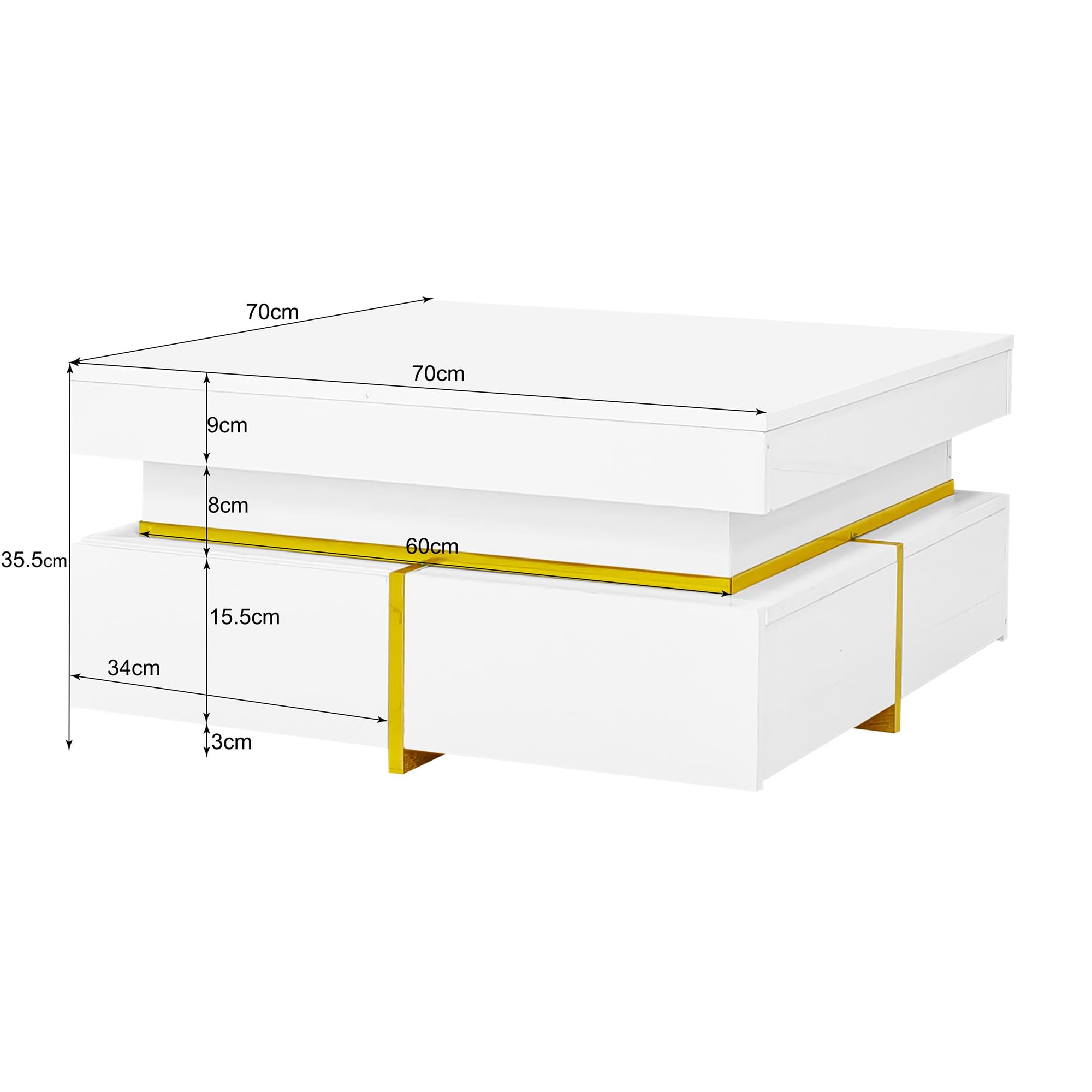 SACOOL Tavolino Da Salotto Lucido Con Cassetti E Accenti Dorati – 70x70x35,5 Cm, Bianco, Carico 60 Kg, Design Moderno