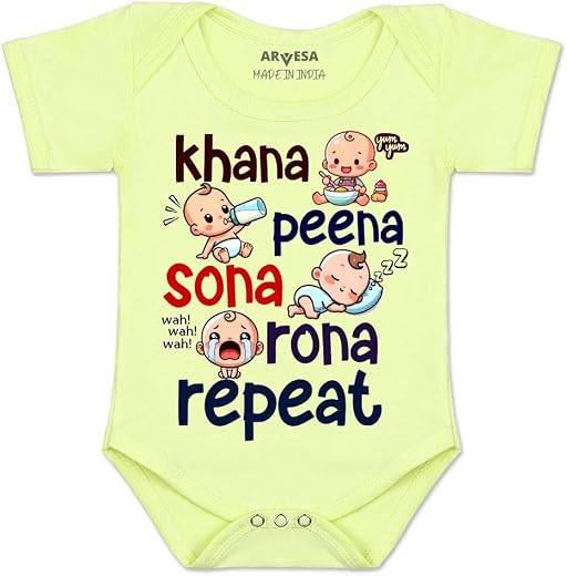 ARVESA Baby Romper Quirky Theme for Baby Boy and Baby Girl Cotton 0–12 Months Design No 1511 - Khana Peena Sona Repeat