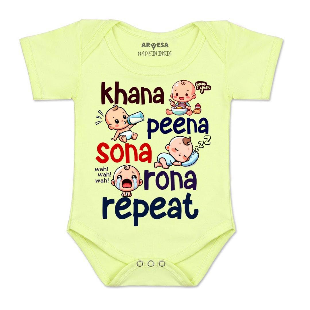 ARVESA Baby Romper Quirky Theme for Baby Boy and Baby Girl Cotton 0–12 Months Design No 1511 - Khana Peena Sona Repeat - Review, Price and Buying Guide