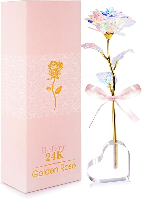 Valentines Gifts for Her Crystal Rose Flowers with Heart Stand, 24k Golden Galaxy Forever Rose for Women Mum Girlfriend Wife Mother Daughter Sister Valentine's Day Mother's Day Birthday Anniversary