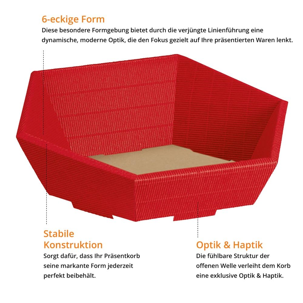 Präsentkorb Geschenkkorb 195x230 leer 6-Eck, offene Welle, rot, Geschenkverpackung im Set: 25 Stück