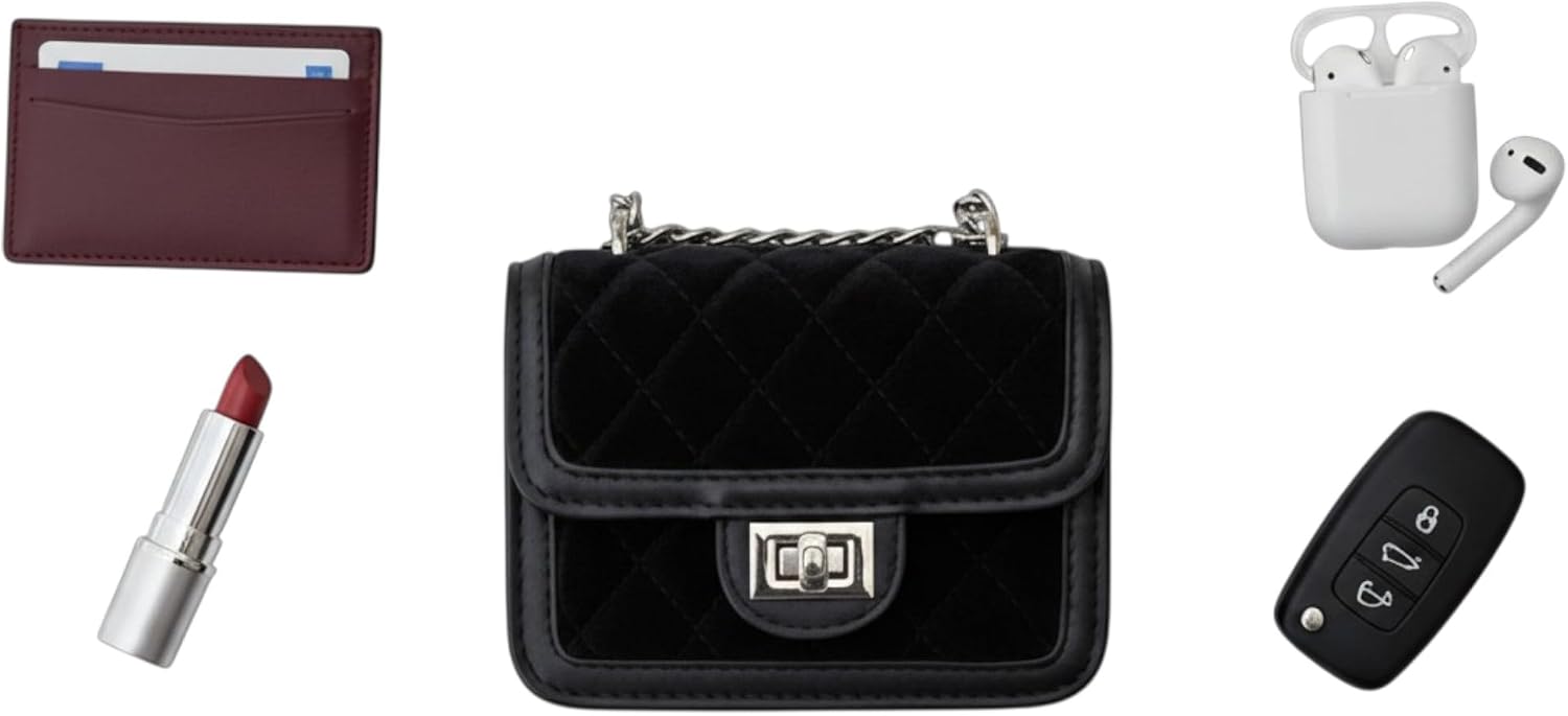 rendy Velvet Quilted Micro Crossbody Bag, Mini Handbag with Chrome Chain Silver Lock, Aesthetic Night Out Purse for Women