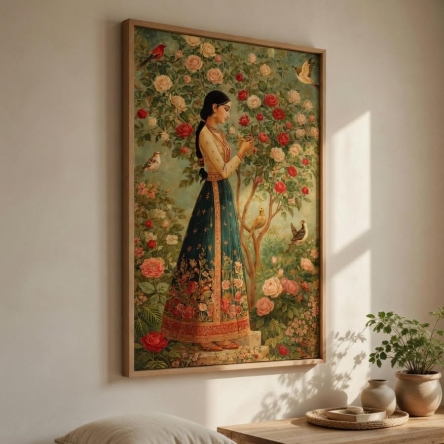Image of Livin'luxe Vintage Floral Lady Wall Painting with Wooden Frame | Elegant Woman Garden Artwork HD UV Laminated MDF Wall Decor | Classic Nature Wall Art for Living Room Bedroom Decor