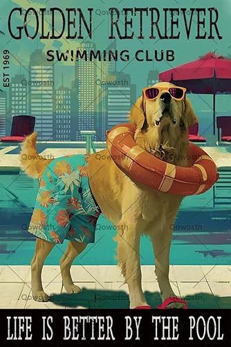 Pool Decor Vintage Golden Retriever Swimming Club Metal Poster Retro