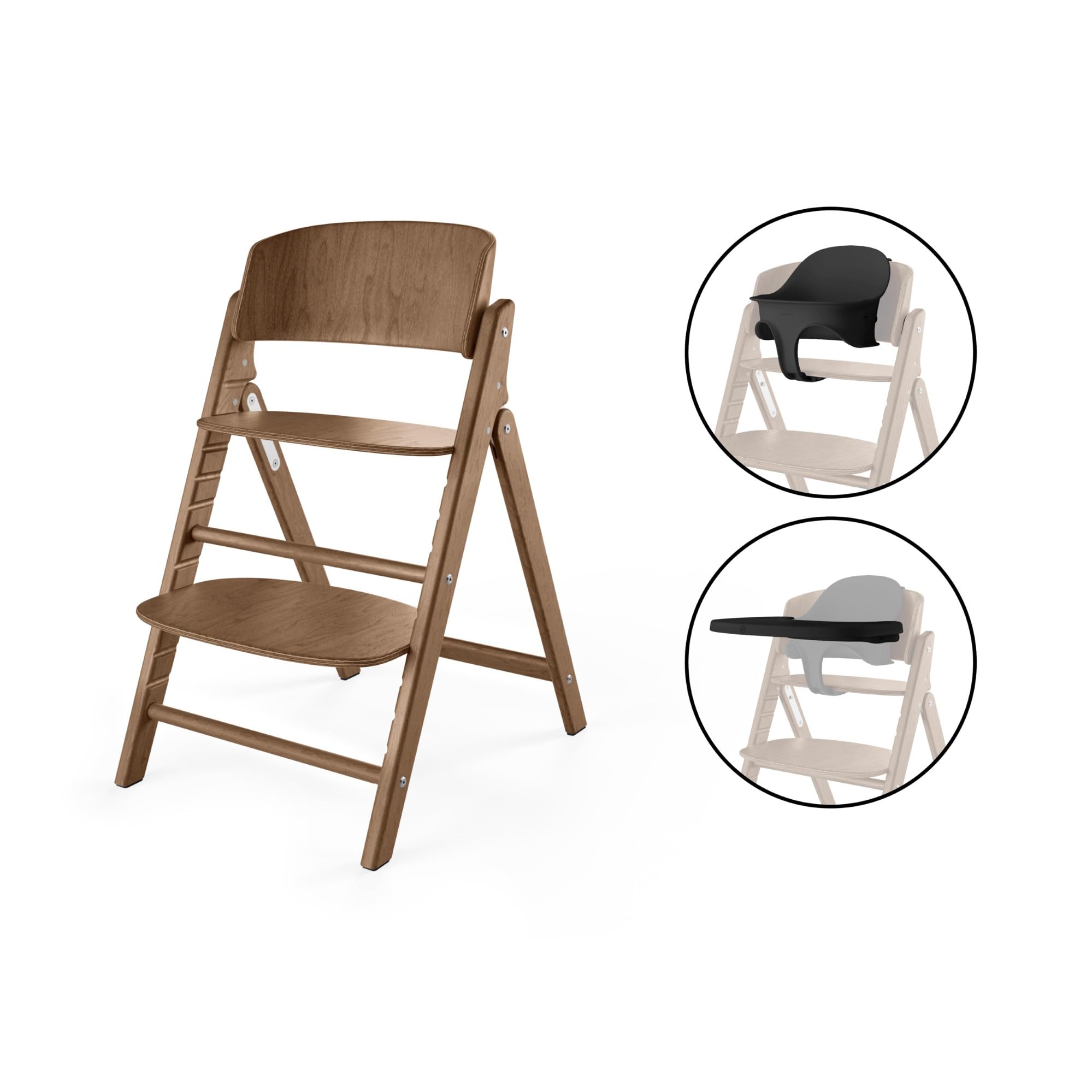 CYBEX Gold CLICK & FOLD Krzesełko do karmienia Zestaw 3-w-1, 6 miesięcy – 99 lat, Od urodzenia dzięki osobnemu leżaczkowi Gold Bouncer Nest, W komplecie zestaw Baby Set i taca, Dark Natural