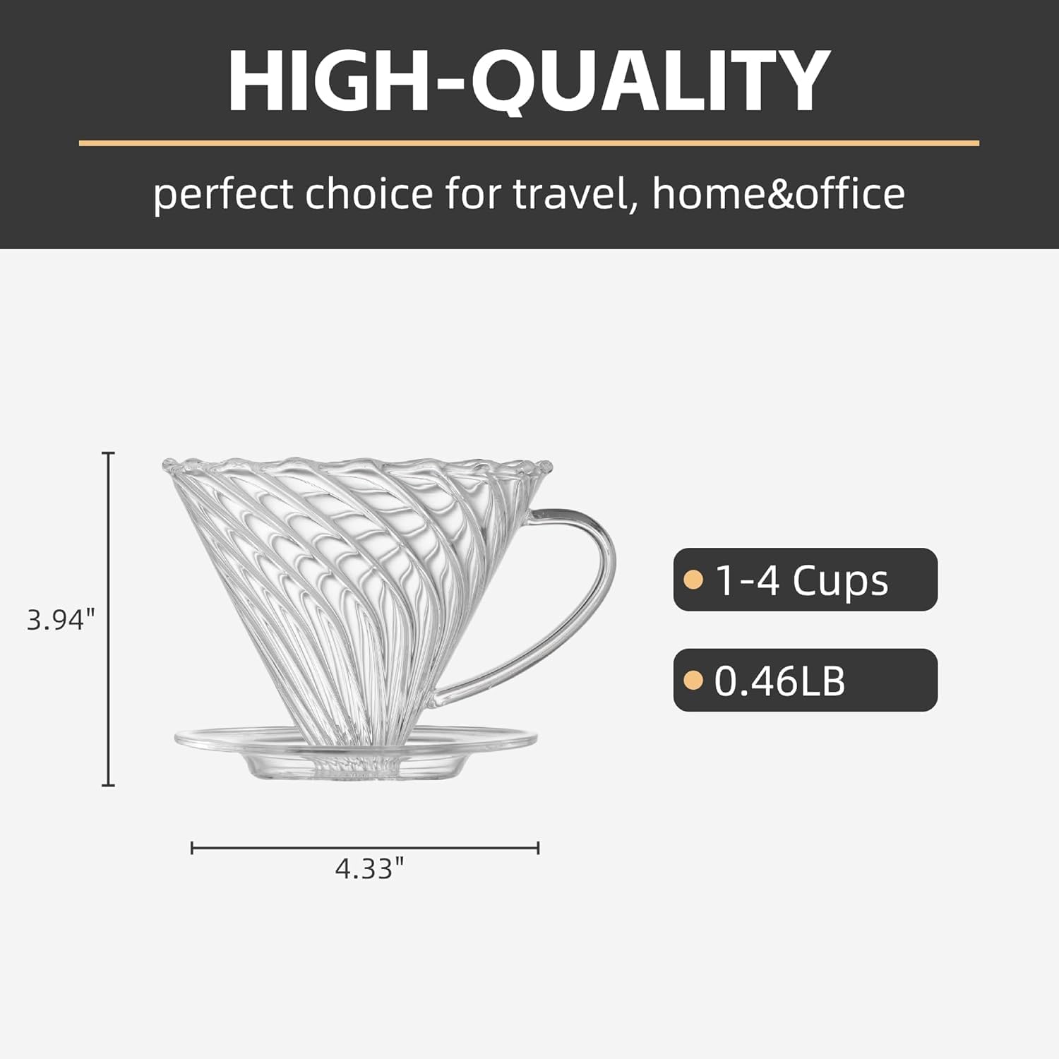 Vandroop Coffee Dripper, Resuable Pour Over Coffee Maker With Handle, Slow Brewing Coffee Pour Over for Cafe, Travel, Home&Offices with 100 Filter Papers (Borosilicate Glass, 1-4 Cups)