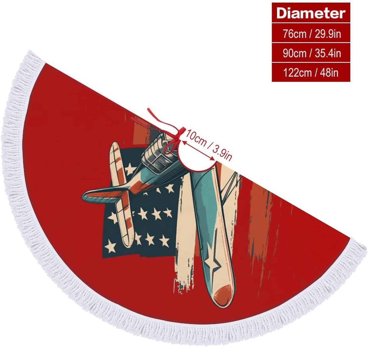 Vintage Airplane US Flag Christmas Tree Skirt Round Xmas Tree Mat Ornaments Tree Skirts with Tassels for Holiday Party