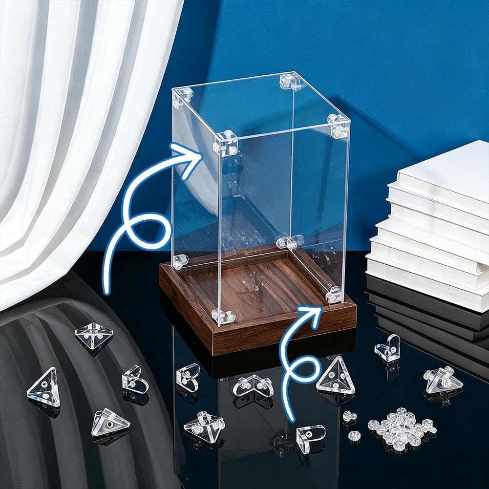OLYCRAFT 32Pcs 2 Styles Transparent Acrylic Triangle Connectors Acrylics Corner Bracket with 80Pcs Acrylics Cabinet Screw 80Pcs Acrylic Cabinet Hexagonal Nut for Professional Showcase Assembly