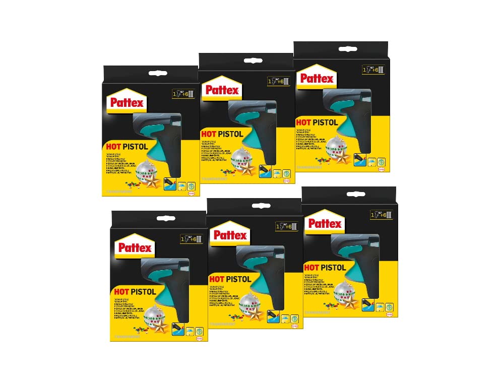 Pattex Hot Pistol Heißklebepistole/Klebepistole mit mechanischem Vorschub und hitzeisolierter Düse / 6x Set mit Pattex Heißklebepistole + 6 Klebesticks, Ø 11 mm