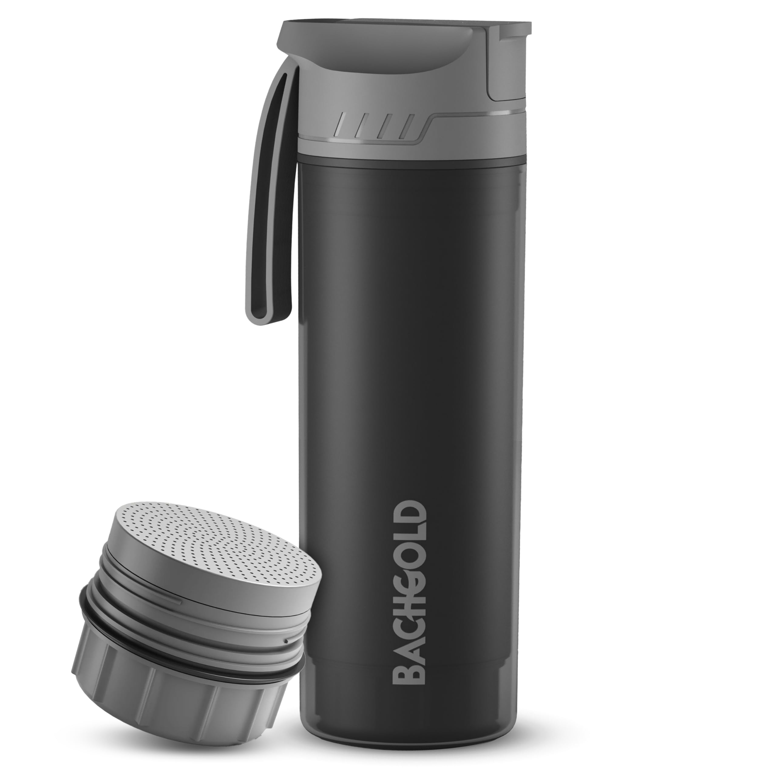 Bachgold® Profi Outdoor Wasserfilter Flasche I Entfernt 99,99% aller Bakterien und filtert Mikroplastik, Partikel und Chlor I Blackout & Krisensicher (Schwarz, 500ml) + 1 Bachgold® Wasserfilter Outdoo