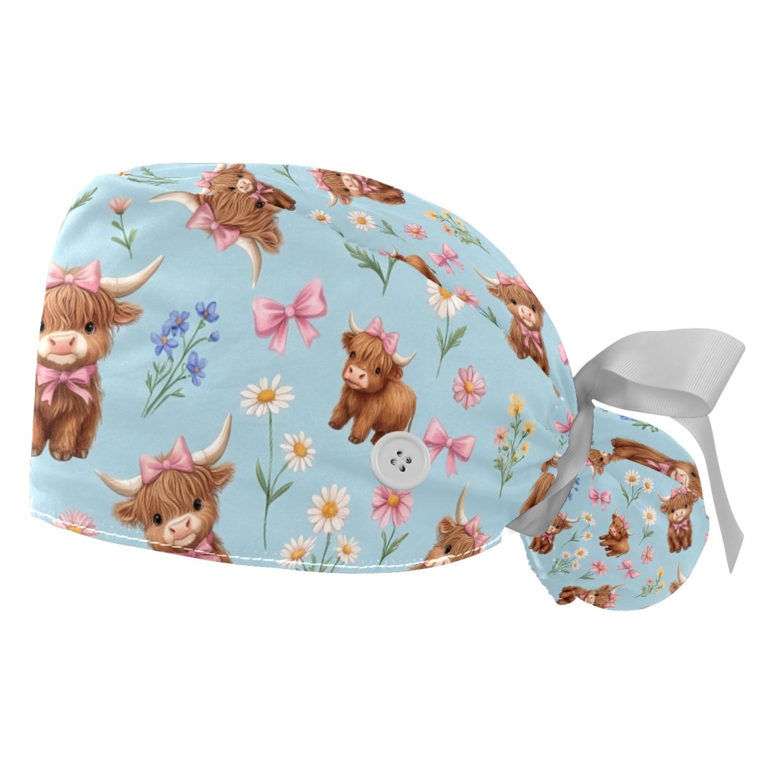 2 PCS Bouffant Cap with Button Ponytail Pouch Working Cap Sweatband Adjustable Surgical Cap Black and White Cow