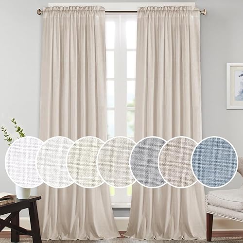 PrinceDeco Light Filtering Linen Curtains with Soft Linen Burlap, Rod Pocket Decorative Rustic & Casual Window Drapes for Living Room/Bedroom, Angora, 2 Pair, W52 x L108