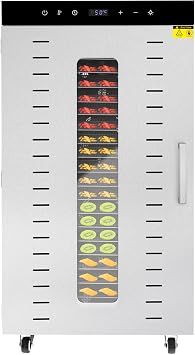 20 Tier Food Dehydrator Stainless Steel Food Dryer Dehydrator Machine with LED Light, Wheel and Trays, 30-90C Temperature Adjustable Vegetables Fruit Dehydrator for Jerky Silver 1700W 110V