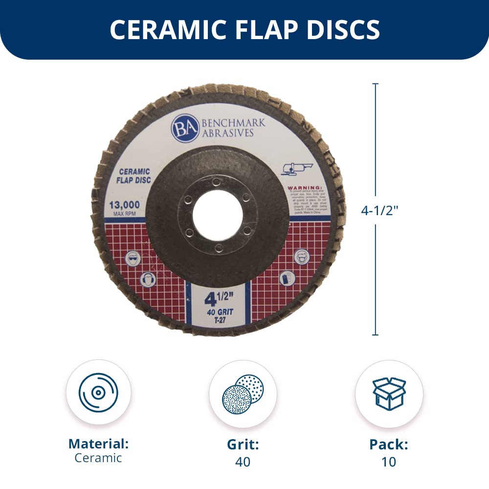 Benchmark Abrasives 4.5" x 7/8" Ceramic Type 27 Flap Discs 4 1/2 for Angle Grinder, Sanding Discs, Finishing, Stock Removal on Stainless Steel & More - Grinding Wheels 4 1/2 Inch - (10 Pack) 40 Grit