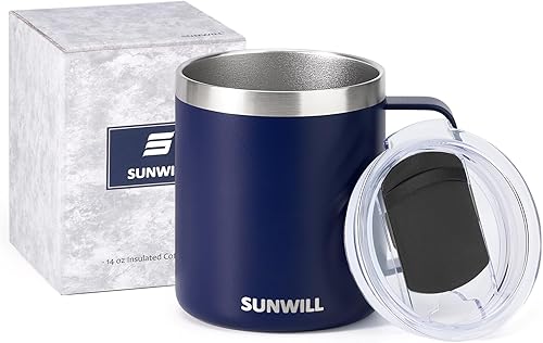Vista 5 de SUNWILL Taza de café aislada con tapa, vaso de viaje con asa, taza de acero inoxidable de 14 onzas para campamento, oficina, hogar, recubrimiento