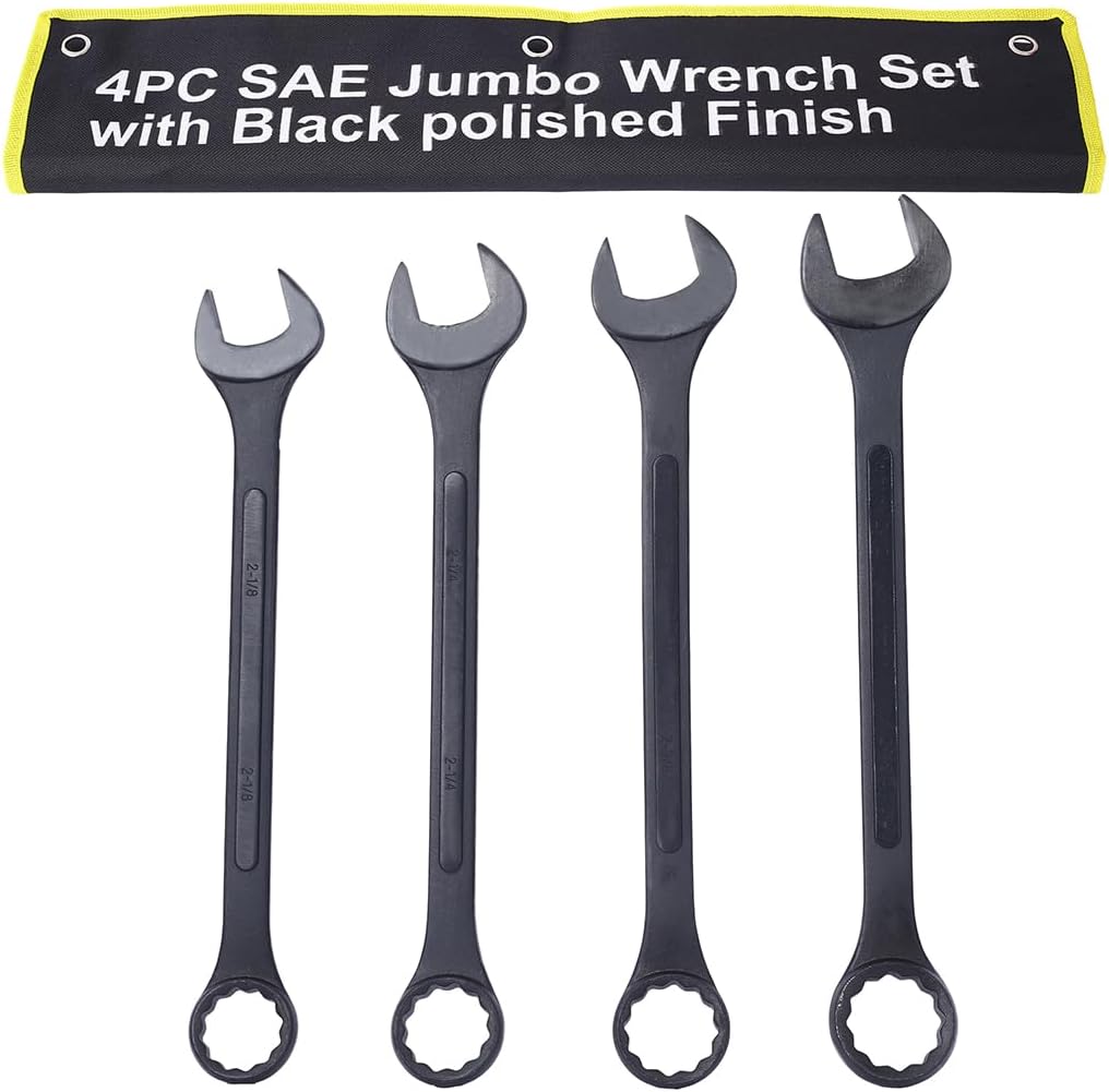 Jumbo Combination Wrench Set, SAE 2-1/8'', 2-1/4'', 2-3/8'', and 2-1/2'' Extra Large 4-Piece Open-End Wrench Set, Storage Bag Included, Black Oxide Finish