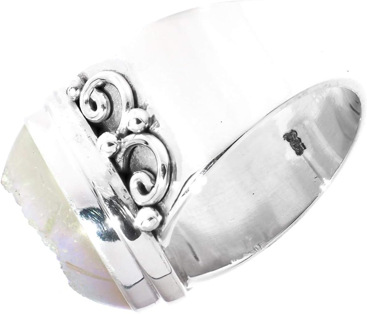 FifiRose Sparklng White Opalesque Iridescent Titanium Druzy 925 Sterling Silver Sz 8 Ring, 7/8" p83347