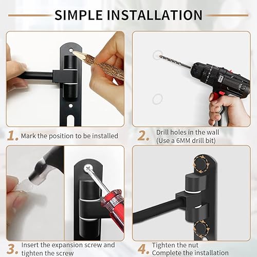 Miniatura 4 de Soporte para casco de motocicleta, soporte de pared, rotación de 180 con 2 ganchos para abrigos, gorras, accesorios de motocicleta (negro, 1 unidad)