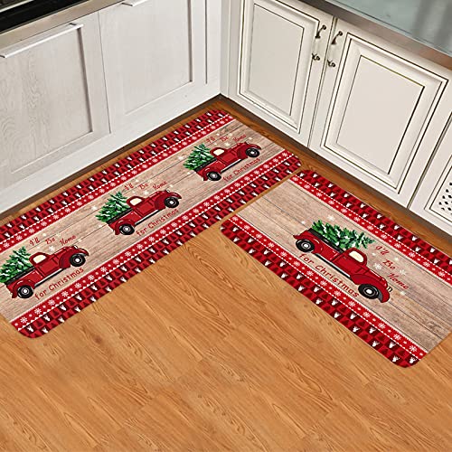 Lot de 2 tapis de cuisine motif camion de Noël rustique en bois rouge antidérapant lavable pour décorations de Noël 39,9 x 60,9 cm + 40,9 x 120,9 cm Cover