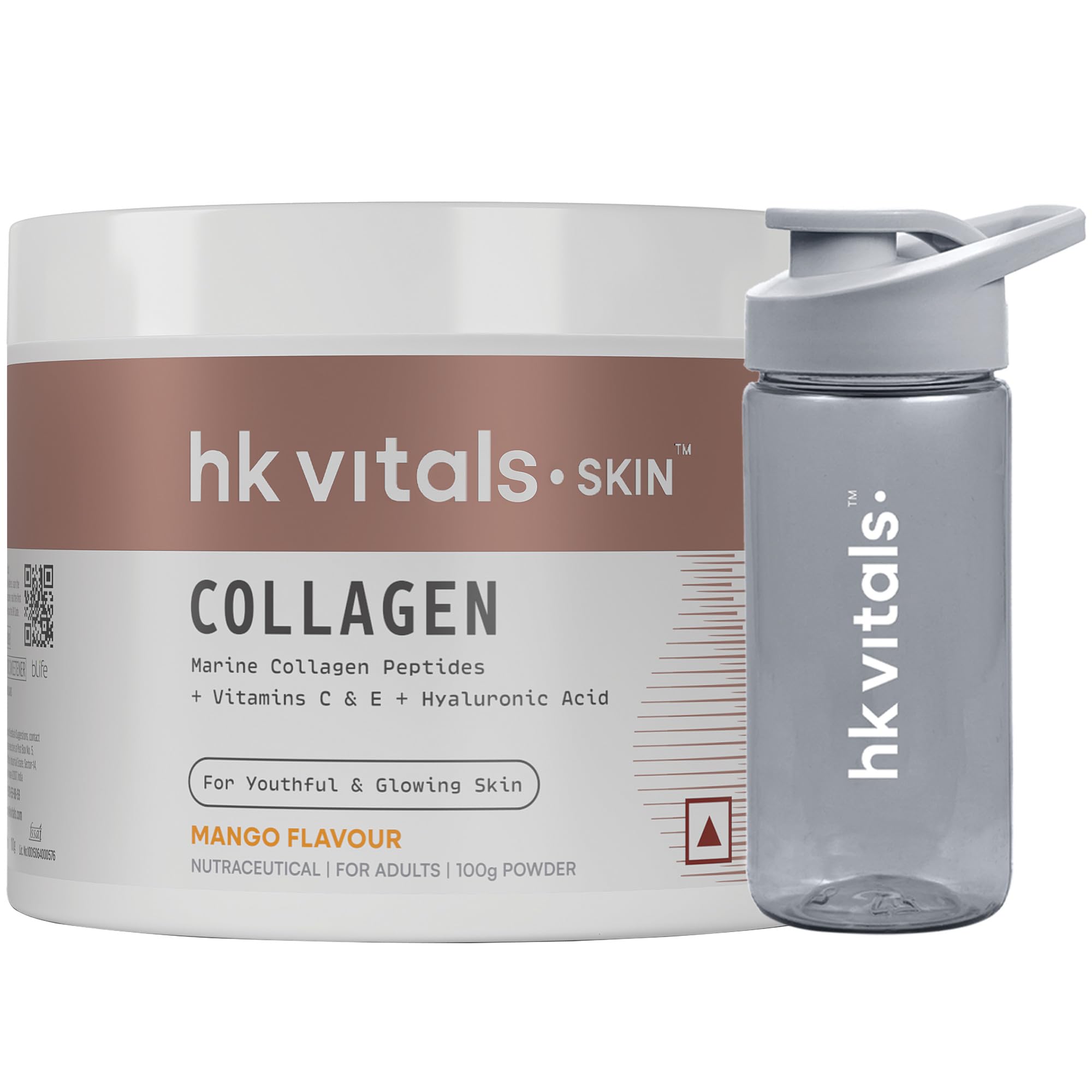 hk vitals Skin Radiance Marine Collagen Supplement(Mango, 100g) & Sipper Bottle (Grey, 300Ml) Combo Pack | With Vitamin C & E, For Healthy Skin, Hair & Nails