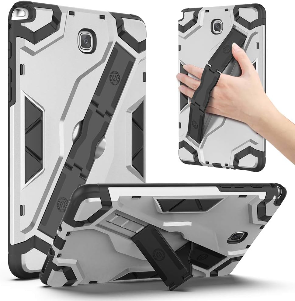 ROISKIN Samsung Galaxy Tab A 8.0 Case 2015,[Kickstand/Hand Strap 2-in-1], Rugged Flexible Soft TPU Full Body Armor Defender Protective Case Fits Samsung Tab A 8.0 Inch 2015 Tablet SM-T350/P350-Silver