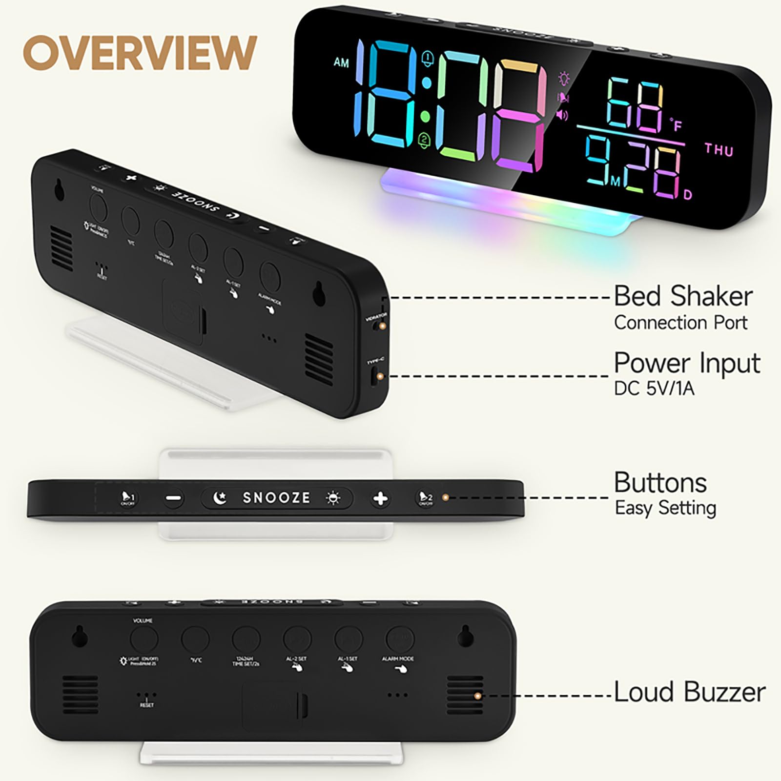 Reloj despertador vibratorio para sordos, alarma digital súper fuerte con agitador de cama, sonido y brillo ajustables, ideal para personas mayores y personas con discapacidad auditiva