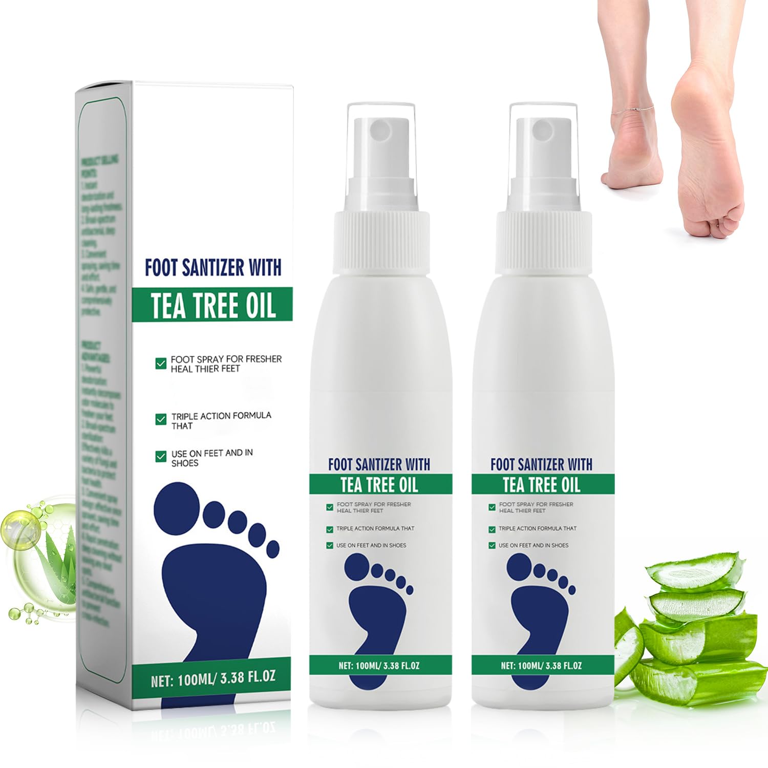 2 aerosoles desinfectantes de pies con aceite de árbol de té, spray desinfectante transparente para pies