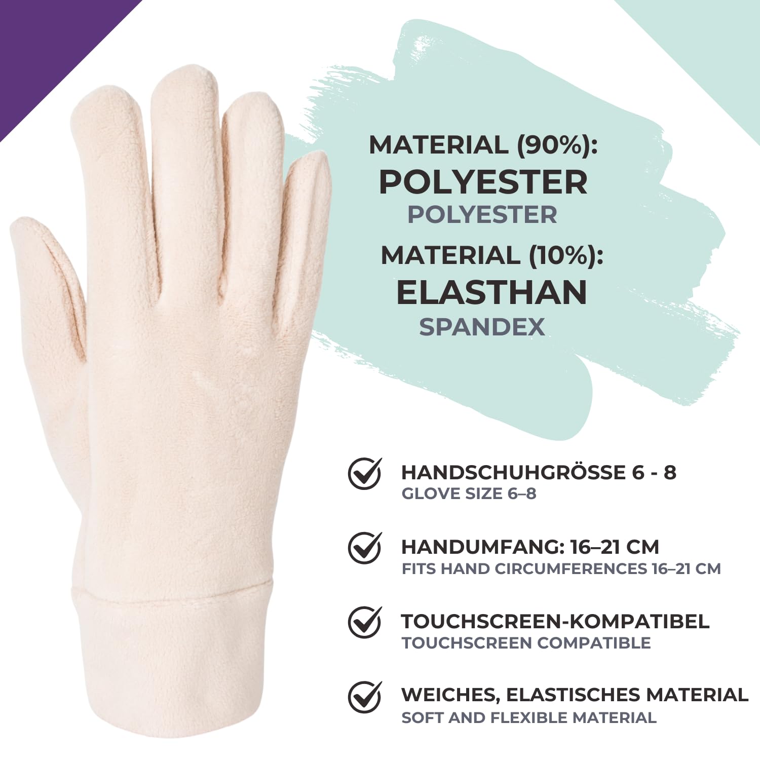 styleBREAKER Damen Touchscreen Fleece Handschuhe Einfarbig, warme Fingerhandschuhe, Winter 09010047