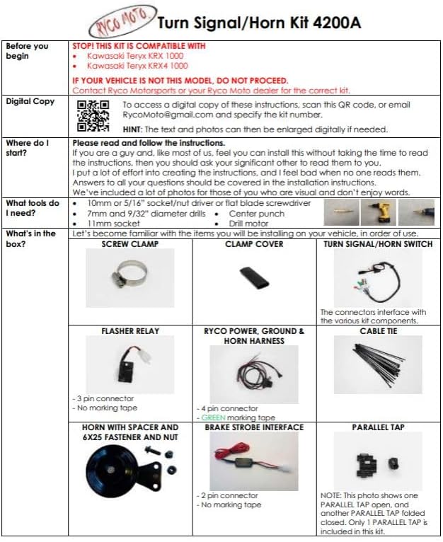 Compatibility chart for Ryco Moto turn signal kits showing various Kawasaki models and corresponding kit numbers.