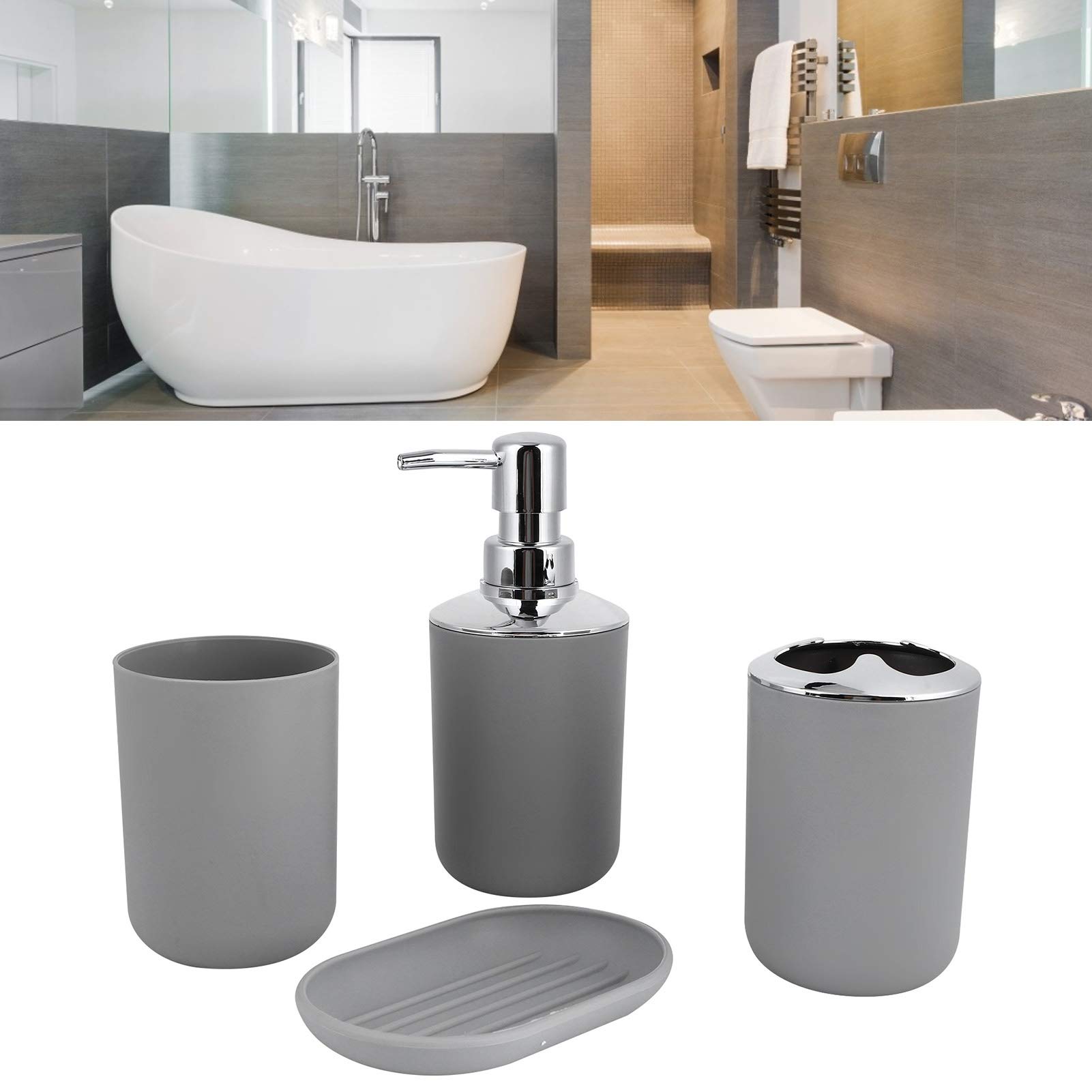 Kit Accessoires Salle De Bain 4 Pièces - Porte-savon, Brosse à Dents, Gobelet - Bois Et Plastique Noir - Style Moderne