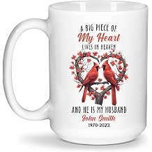 Customized Red Cardinal Couples Coffee Mug, A Big Piece of My Heart Lives in Heaven and He Is My Husband Mug, Personalized Name and Years Tea Cup, Custom Memories Mug, Memory Gifts
