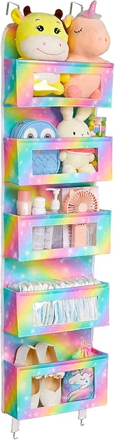 Beinou Over the Door Organizer with 5 Big Pockets 48.4"x 12.6" Door Hanger Storage with Clear Window for Pantry Baby Nursery Bathroom Closet Grey