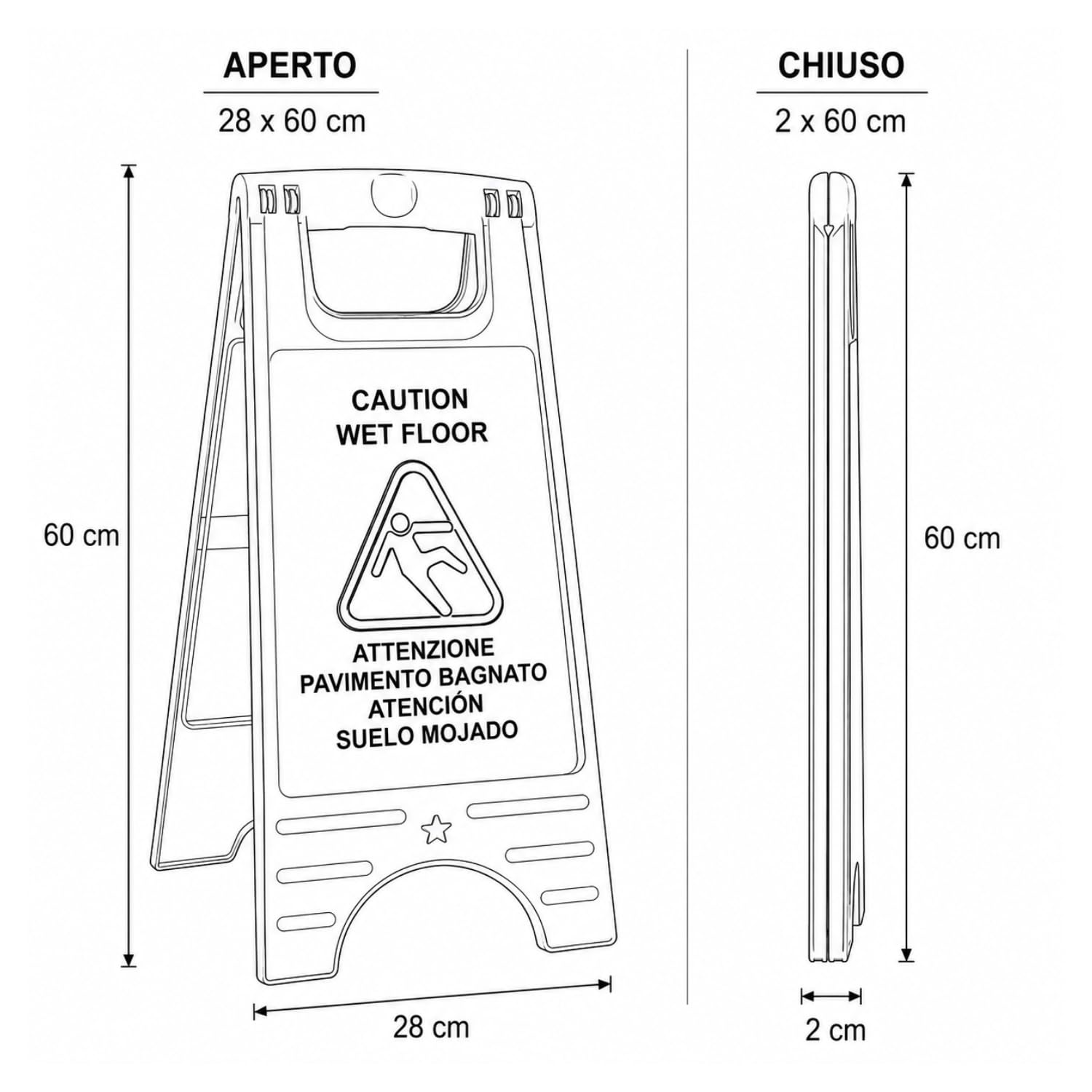 OWIJI Cartello Pavimento Bagnato Set 4 Cavalletti Pericolo Multilingue Bifacciale Segnale Autoportante Giallo Pieghevole 28x60 cm Plastica Alta Visibilità per Sicurezza Luoghi Pubblici e Lavoro