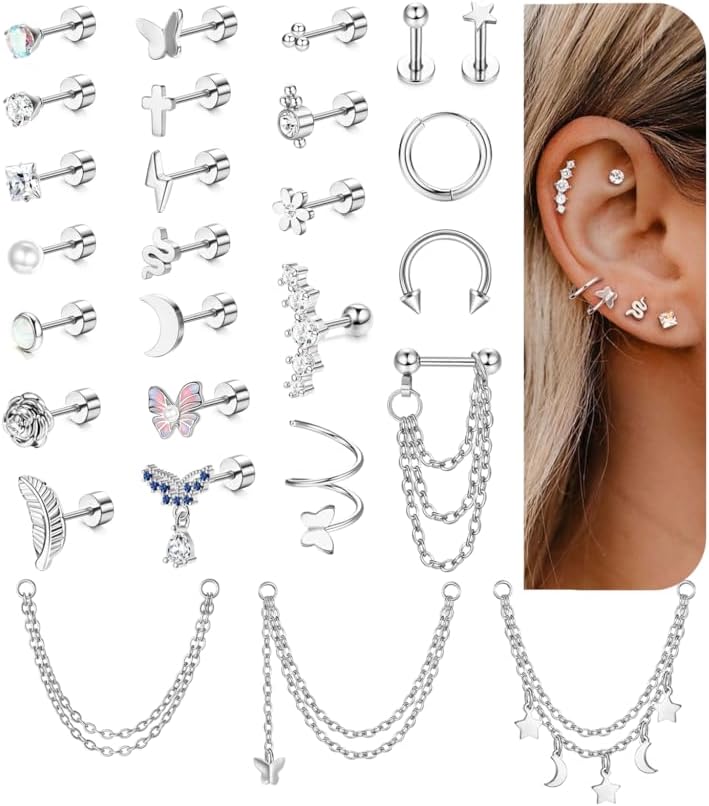 27 Pcs Helix Piercing Earrings Hypoallergenic Surgical Steel Earrings for Women Men Small Cz Flat Back Earrings Cartilage Helix Hoop Chain Piercing Tragus Earring Piercing Jewellery