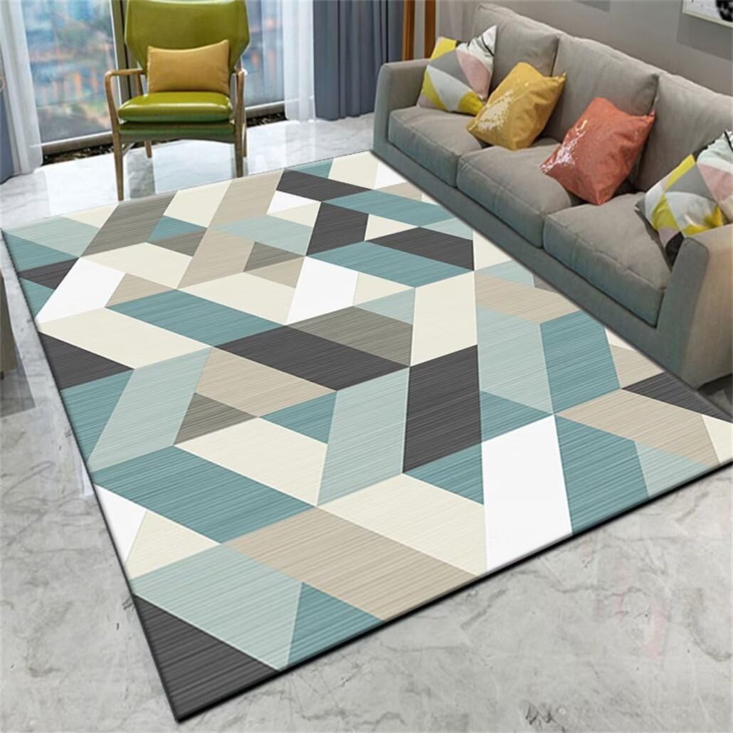 Tapis de chambre d'adolescent bleu 160x240cm géométrique et antidérapant pour grand salon